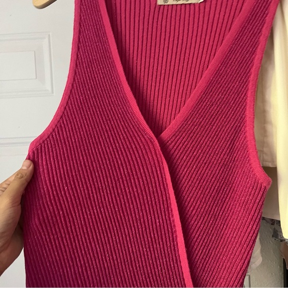 LUZIA FAZZOLI pink thick rib knit stretchy glitter metallic surplice bodysuit - Picture 2 of 6